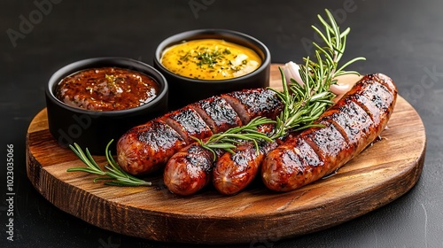 Plate of sausages with roasted garlic, rosemary, and dipping sauces, served in a modern restaurant setting, gourmet presentation, fine dining photo