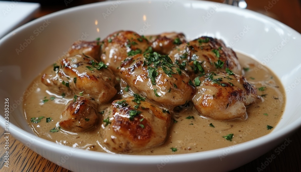 Delicious Chicken Marsala served in a rustic Italian-American restaurant with fresh herbs Delicious Chicken Marsala served in a rustic Italian-American restaurant with fresh herbs