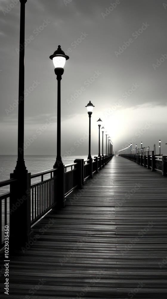 Obraz premium The pier boardwalk railing sunset.