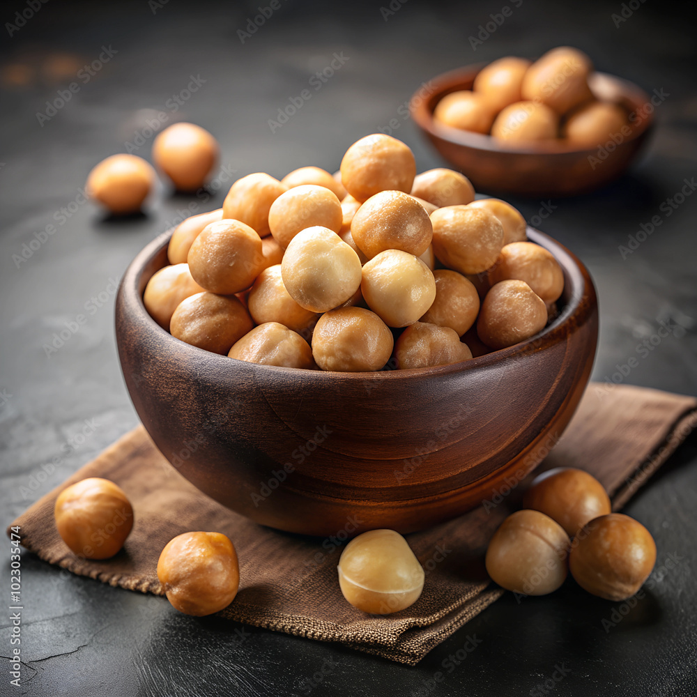 A wooden bowl filled with smooth macadamia nuts is placed on a dark surface, creating a rich, earthy contrast that highlights the natural beauty of the nuts. A wooden bowl filled with smooth macadamia nuts is placed on a dark surface, creating a rich, earthy contrast that highlights the natural beauty of the nuts.