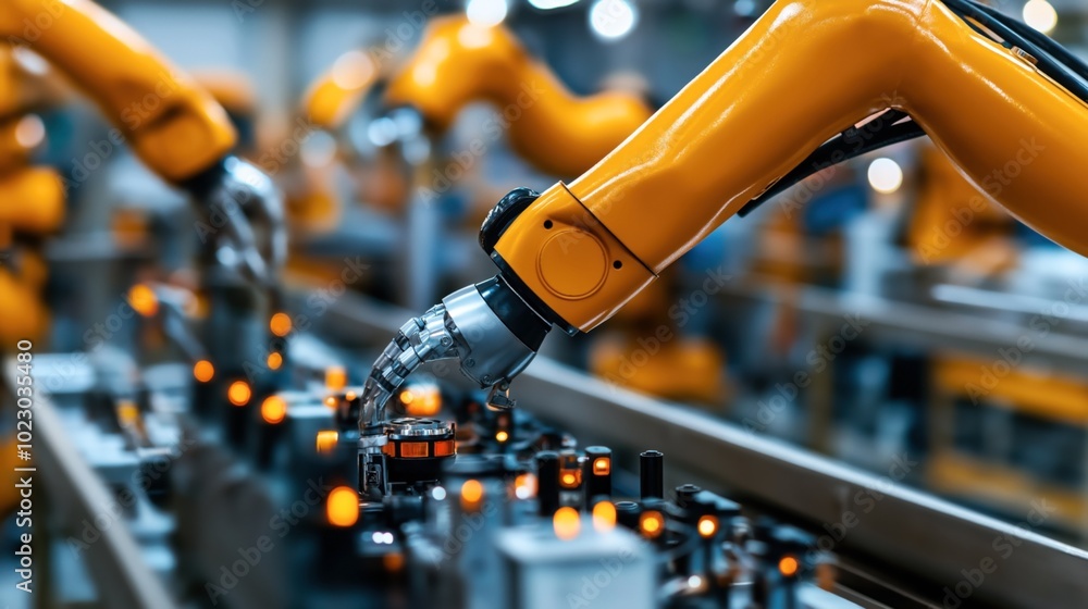 Close-up of robotic arm working on an automated assembly line in a modern industrial factory setting, showing advanced manufacturing technology. Close-up of robotic arm working on an automated assembly line in a modern industrial factory setting, showing advanced manufacturing technology.