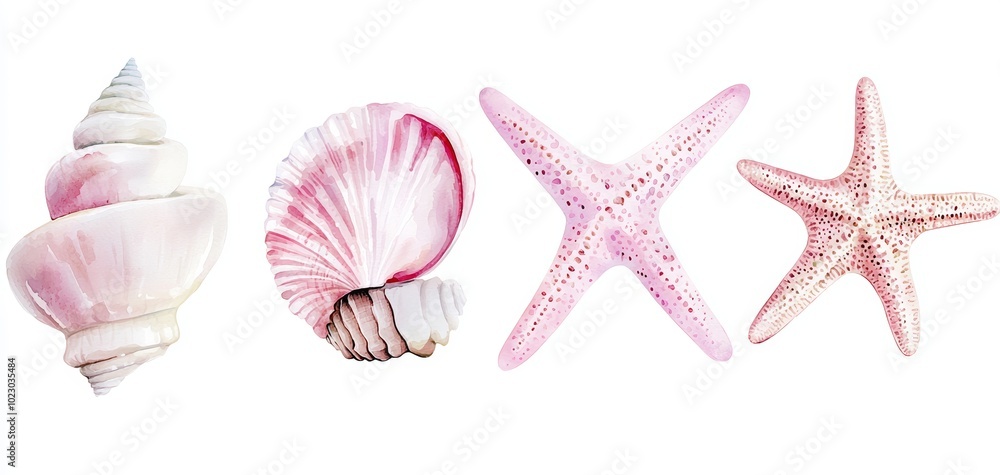 Obraz premium A beautiful collection of seashells and starfish in delicate shades of pink on a white background.