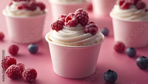 Delicious yogurt cup mockup topped with fresh raspberries and blueberries in a bright setting