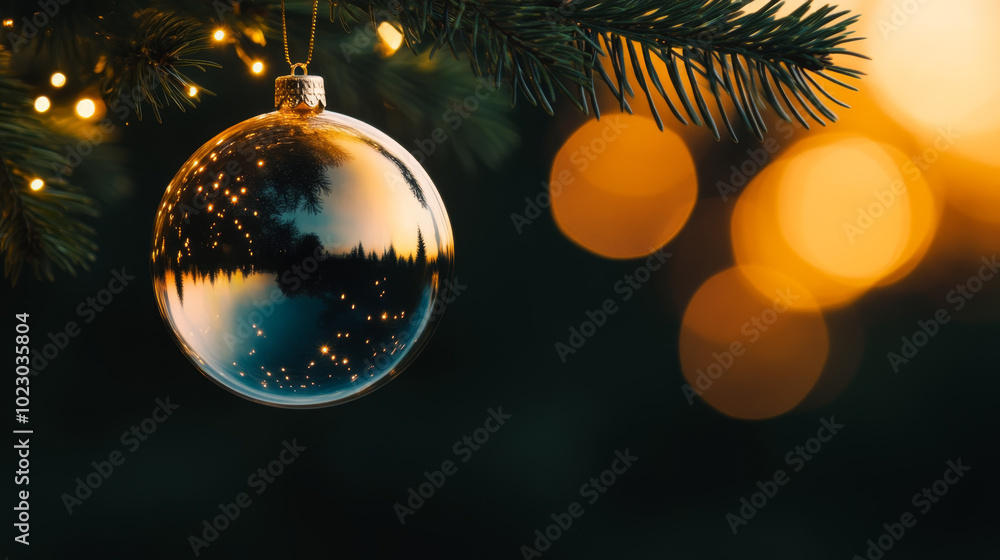 beautiful glass ornament hanging from Christmas tree, reflecting warm lights and serene landscape. festive atmosphere evokes joy and celebration during holiday season beautiful glass ornament hanging from Christmas tree, reflecting warm lights and serene landscape. festive atmosphere evokes joy and celebration during holiday season