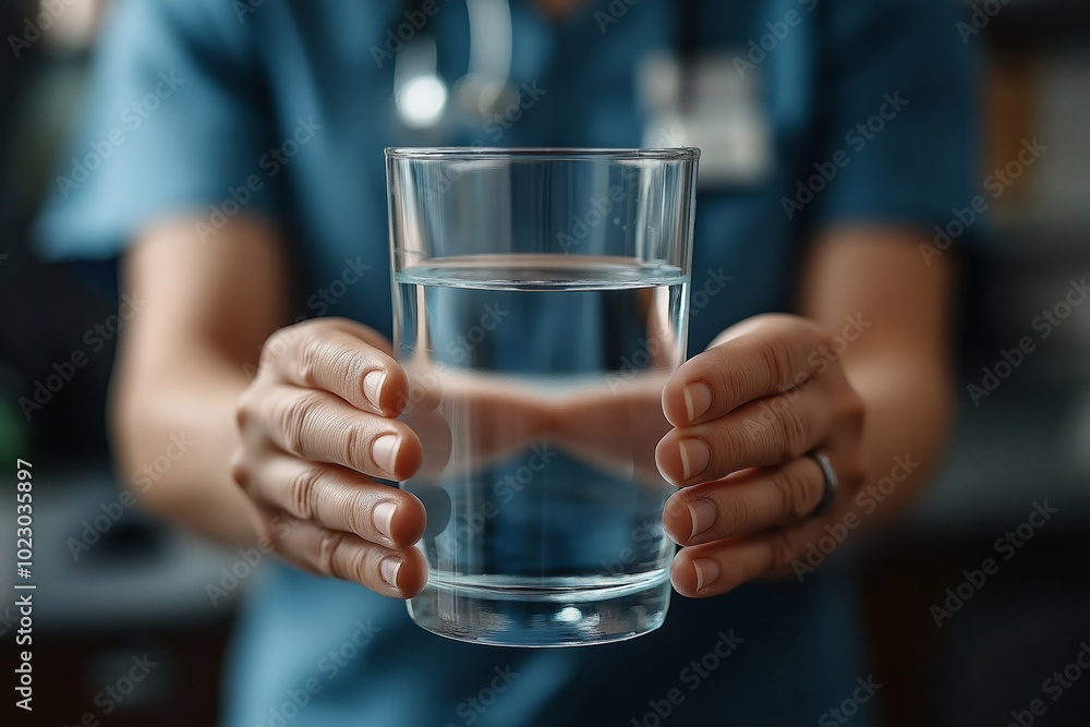 A close up of hands presenting a glass of water, symbolizing care and hydration in a healthcare setting A close up of hands presenting a glass of water, symbolizing care and hydration in a healthcare setting