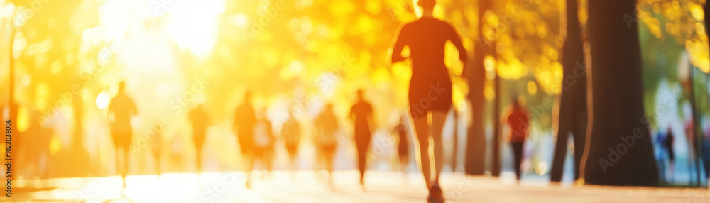 group of runners jogs through sunlit park, surrounded by vibrant autumn foliage. warm sunlight creates lively atmosphere, perfect for outdoor activities group of runners jogs through sunlit park, surrounded by vibrant autumn foliage. warm sunlight creates lively atmosphere, perfect for outdoor activities