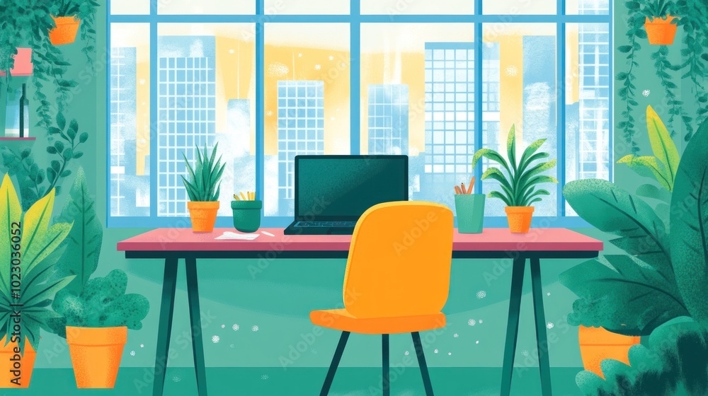 A vibrant workspace with plants and a city view, ideal for productivity and creativity. A vibrant workspace with plants and a city view, ideal for productivity and creativity.