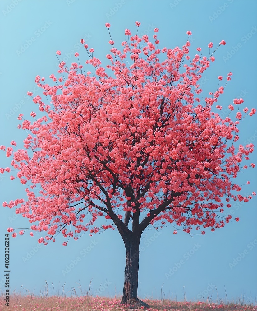 Blooming cherry tree in spring under clear sky A majestic cherry tree in full bloom, its delicate pink petals dancing in the warm spring breeze. Blooming cherry tree in spring under clear sky A majestic cherry tree in full bloom, its delicate pink petals dancing in the warm spring breeze.