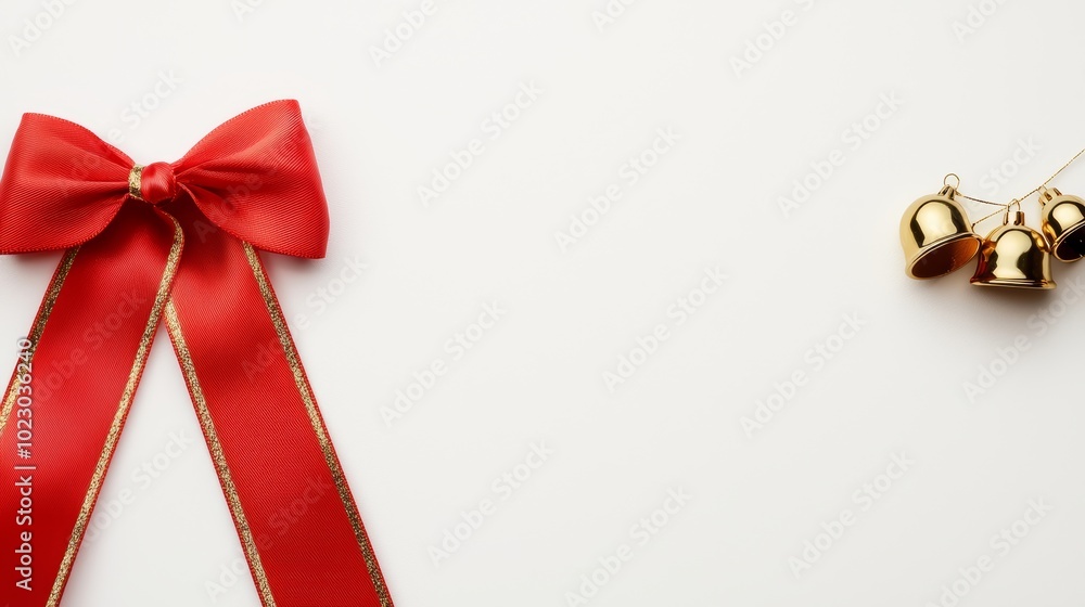 A festive Christmas bow with golden jingle bells, bright red satin ribbon with gold trim, cheerful holiday decoration, isolated on white background A festive Christmas bow with golden jingle bells, bright red satin ribbon with gold trim, cheerful holiday decoration, isolated on white background