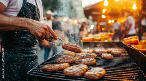 Sausages cooking on a grill at a street market, steam rising and people enjoying the lively atmosphere, street food, market vibes
