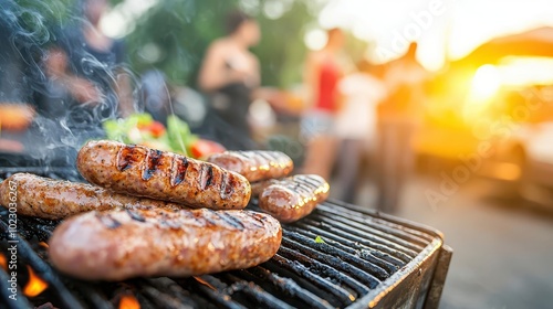 Sausages cooking on a grill at a street market, steam rising and people enjoying the lively atmosphere, street food, market vibes