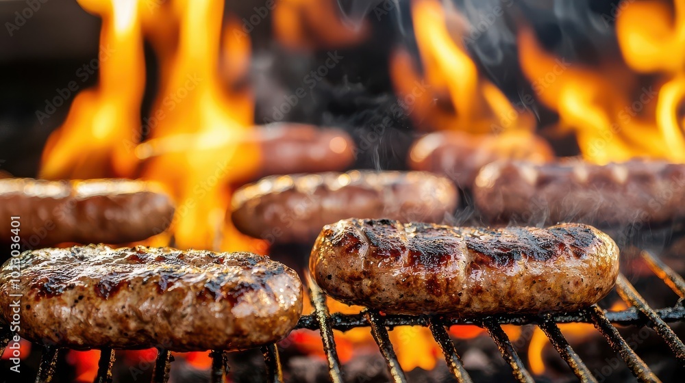 Sausages grilling over open flames at a food festival, with vibrant atmosphere around, street food, festival vibes Sausages grilling over open flames at a food festival, with vibrant atmosphere around, street food, festival vibes