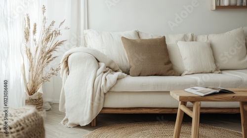 Cozy living room with a neutral palette, featuring a comfortable sofa, decorative pillows, a wooden coffee table, and subtle decor in a bright space