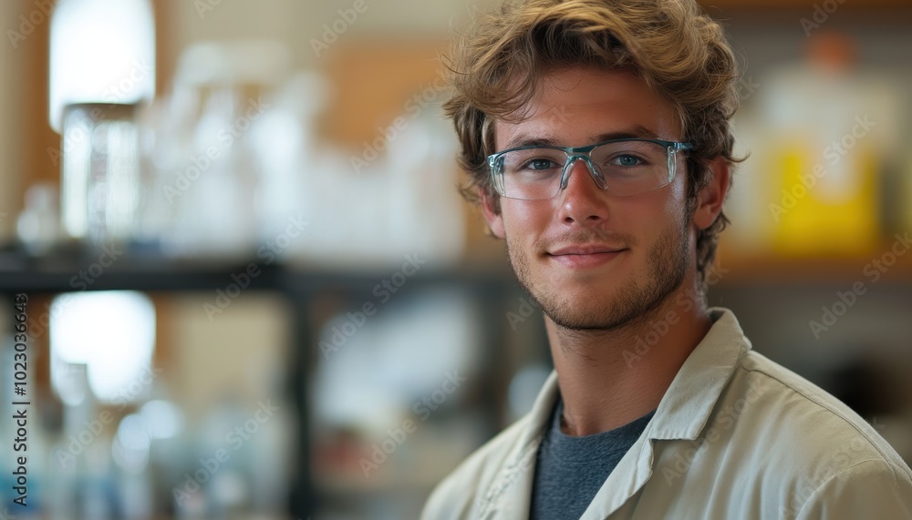 Chemistry graduate student smiling confidently in lab during research on innovative materials Chemistry graduate student smiling confidently in lab during research on innovative materials