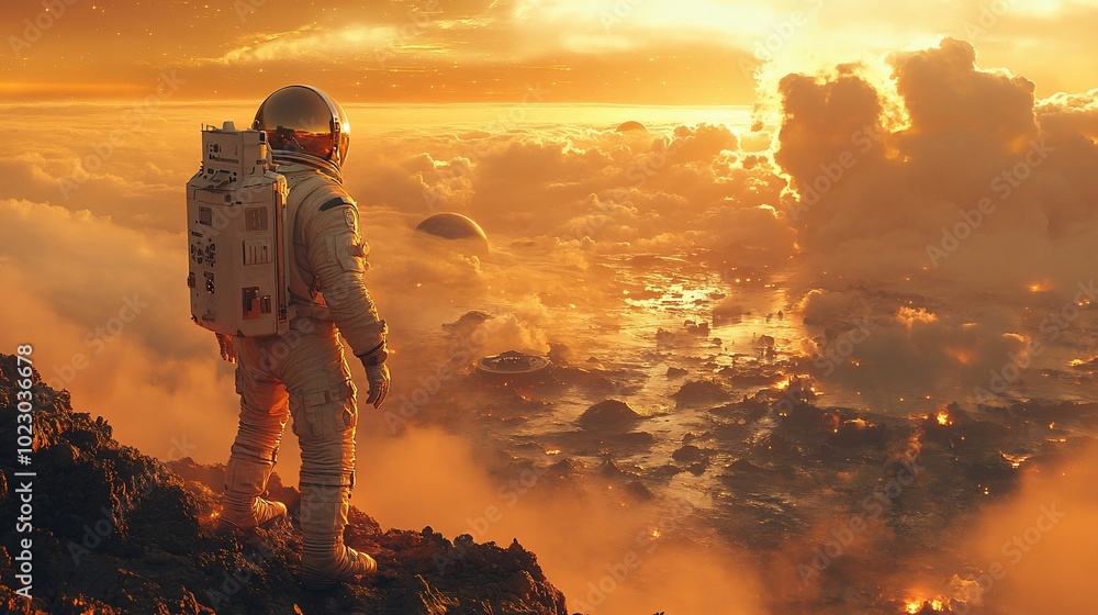 An astronaut in a spacesuit stands on a rocky cliff overlooking a breathtaking alien landscape with a fiery sunset in the distance. An astronaut in a spacesuit stands on a rocky cliff overlooking a breathtaking alien landscape with a fiery sunset in the distance.