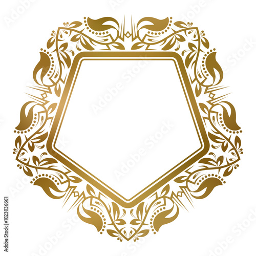 Golden decorative pentagonal frame with floral ornament. Suitable for vintage chevron or badge design.