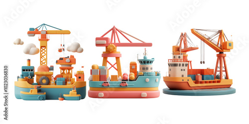 Colorful 3d models of cargo ships and cranes