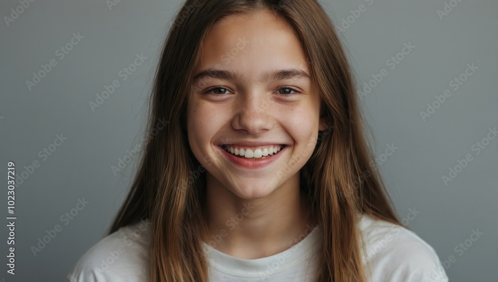 Smiling young woman with long hair and cheerful expression, casual portrait Smiling young woman with long hair and cheerful expression, casual portrait