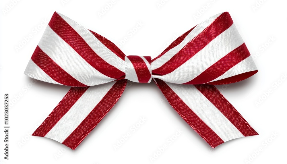 A playful Christmas bow with candy cane stripes, whimsical holiday ribbon, soft fabric texture, red and white theme, isolated on white background A playful Christmas bow with candy cane stripes, whimsical holiday ribbon, soft fabric texture, red and white theme, isolated on white background