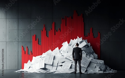 A mountain of debt papers and stock market losses crushing a businessman, with red graphs looming above photo