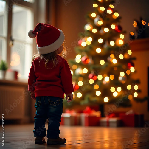 A child in a red Santa hat, looking at a glowing Christmas tree