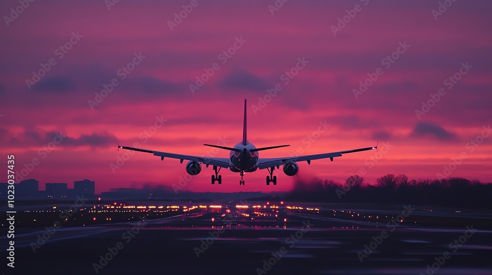 An airplane is landing on a runway at sunset. An airplane is landing on a runway at sunset.