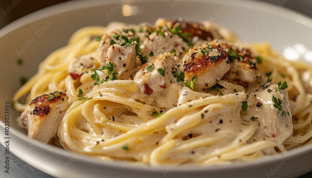Delicious grilled chicken alfredo pasta served in a white bowl for an inviting dinner experience Delicious grilled chicken alfredo pasta served in a white bowl for an inviting dinner experience