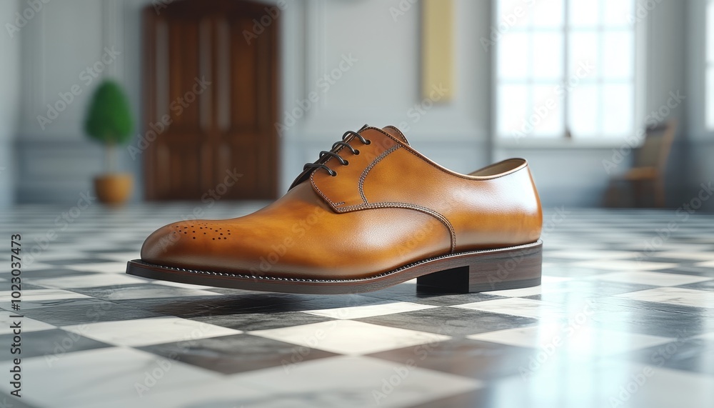A stylish derby shoe crafted in rich tan leather is showcased on an exquisite checkered floor A stylish derby shoe crafted in rich tan leather is showcased on an exquisite checkered floor