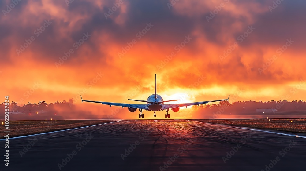 A plane lands on the runway with a sunset in the background. A plane lands on the runway with a sunset in the background.
