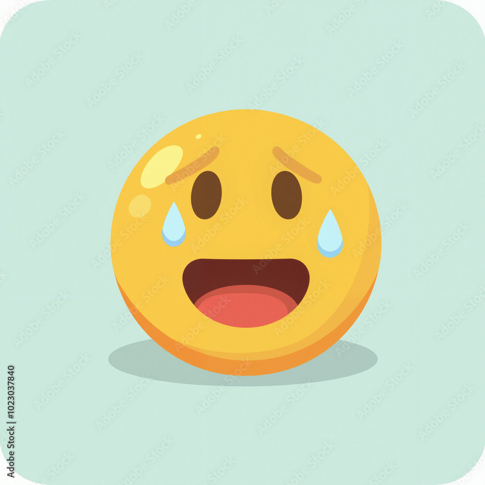 Fototapeta premium A yellow smiley face emoji with black eyes, a wide open mouth, and two teardrops, suggesting laughter. The emoji is styled in a simple, flat design and represents a feeling of pure joy and amusement, 