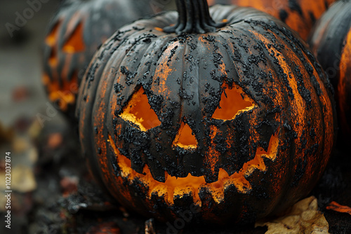 Generative AI photo of funny halloween pumpkins outdoors horror autumn night decor photo