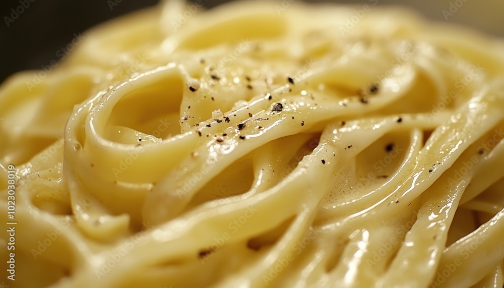 Delicious fettuccine alfredo topped with fresh black pepper served in a cozy restaurant setting Delicious fettuccine alfredo topped with fresh black pepper served in a cozy restaurant setting