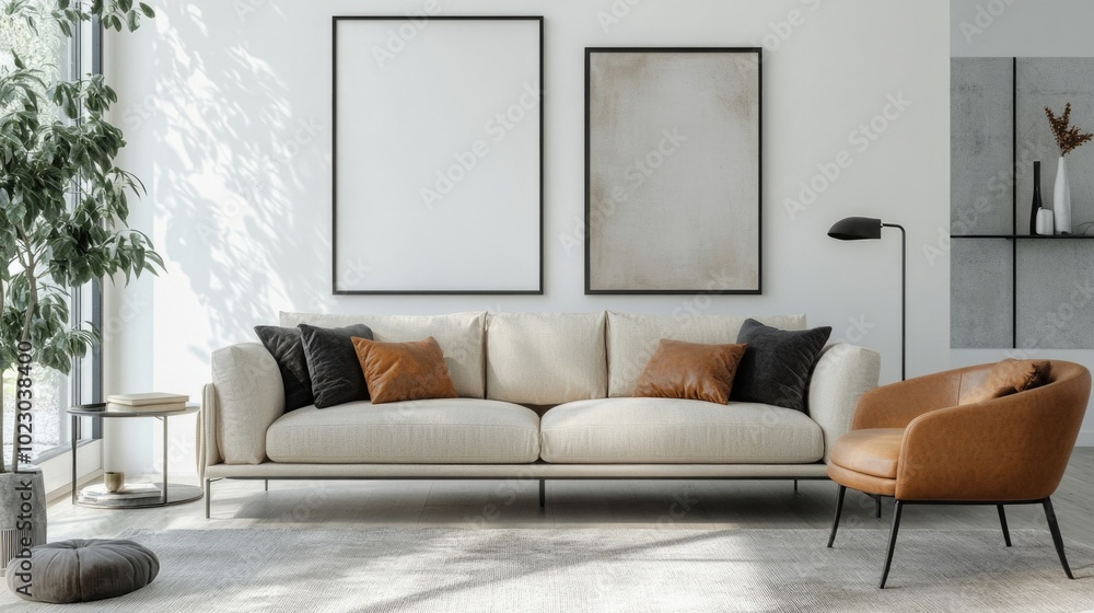 Fototapeta premium Modern Living Room Set with Abstract Wall Art and Grey Carpet