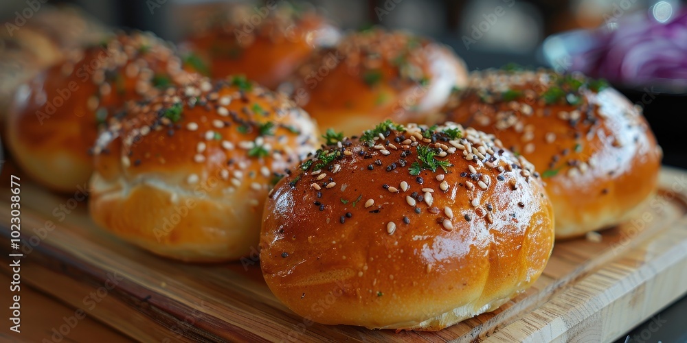 Delicious sweet buns in a bakery close-up Delicious sweet buns in a bakery close-up