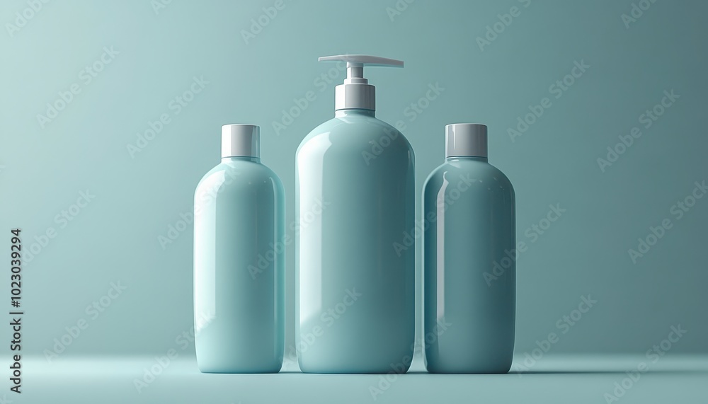 Sleek shampoo bottle mockup featuring three bottles in a modern, calming setting