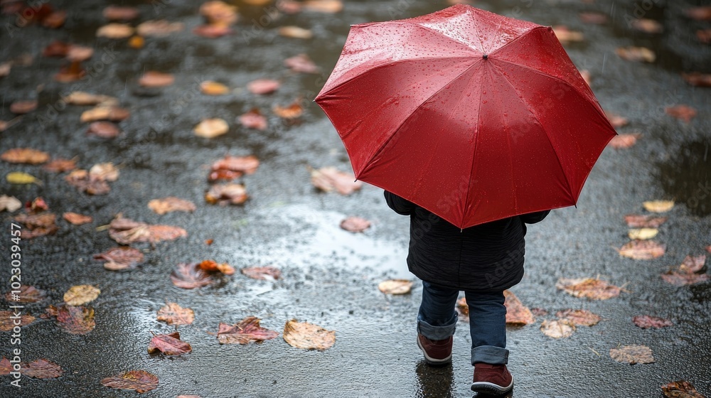 Obraz premium A little boy walks joyfully outdoors on a rainy autumn day, embracing the playful spirit of childhood while enjoying the splashes of puddles and the vibrant colors of falling leaves around him