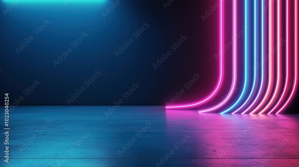 Obraz premium Minimalist room with vibrant neon lights on a dark background featuring curved pink and blue lines and reflective floor.