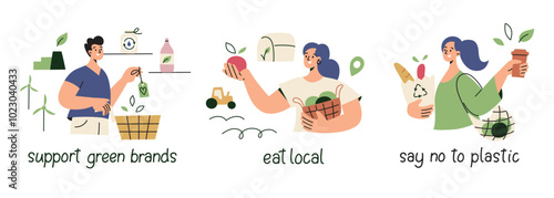 Vector illustration set of sustainability and eco friendly habits. People supporting green brands, eating local food, and saying no to plastic. Flat cartoon style perfect for environmental awareness