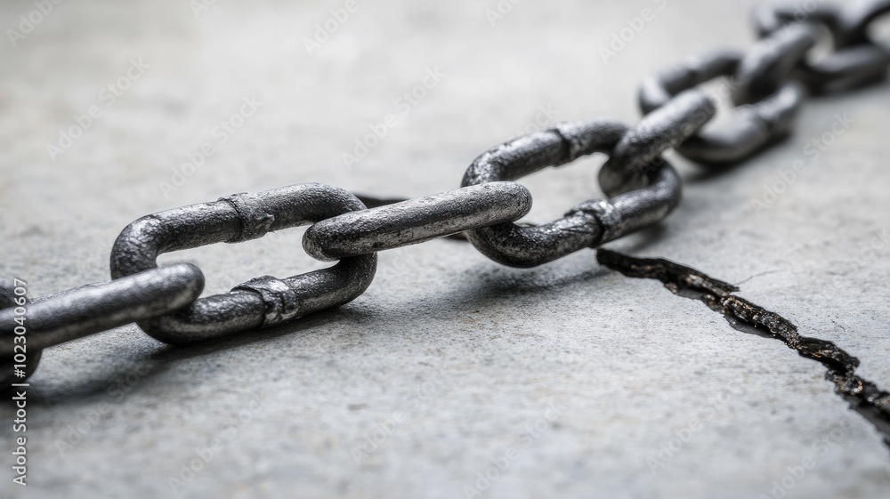 Close-up of metal chain with crack on concrete surface, symbolizing weakness and breaking points Close-up of metal chain with crack on concrete surface, symbolizing weakness and breaking points