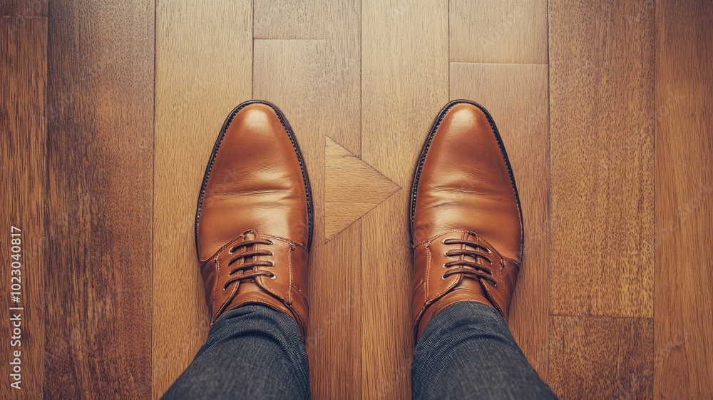 Man's polished brown shoes on wooden floor point towards arrow Man's polished brown shoes on wooden floor point towards arrow