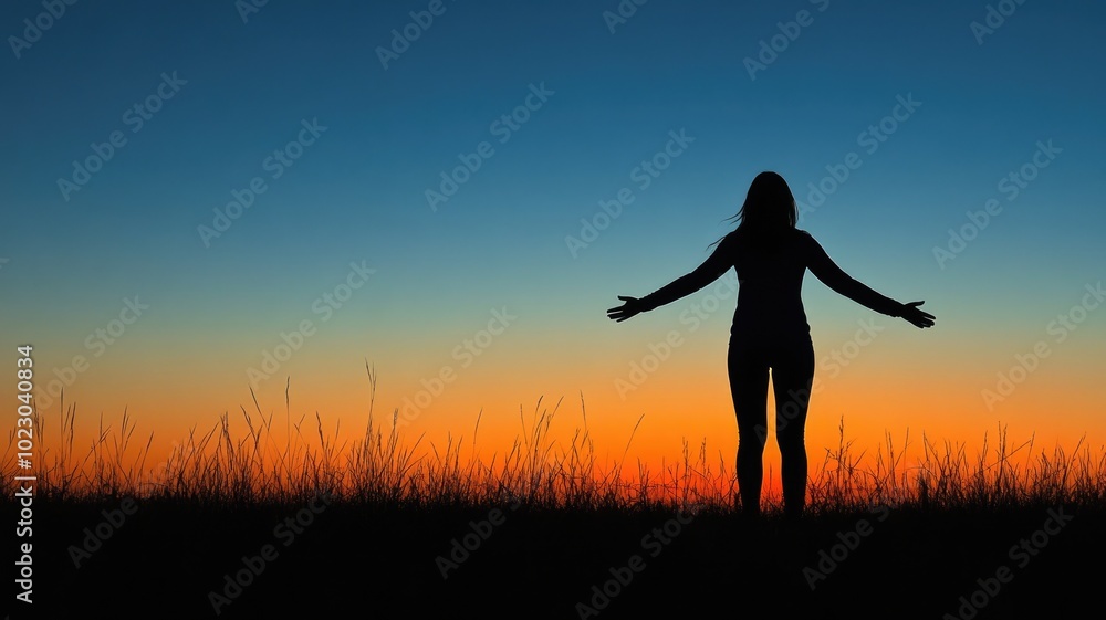 Silhouette of person with open arms at sunset Silhouette of person with open arms at sunset