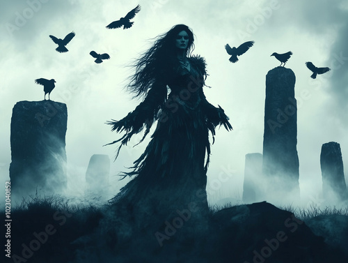A powerful depiction of the Celtic goddess Morrigan standing tall in a dark landscape during Samhain. 