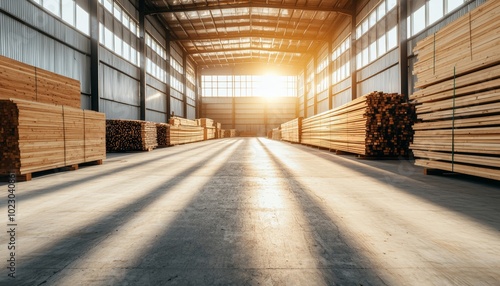 Lumberyard interior with long rows of stacked wood, sunlight filtering through large windows, industrial setting with warm natural tones