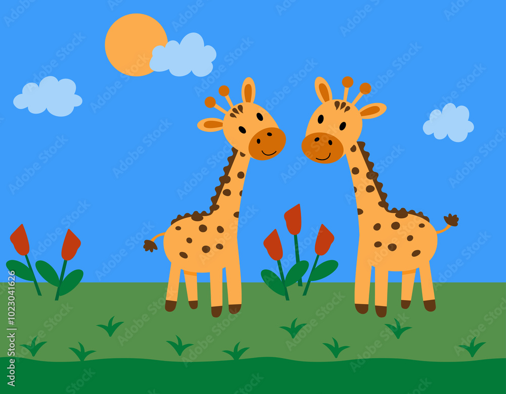 Fototapeta premium The illustration shows two cute giraffes against a background of blue sky, bright sun and white clouds. Flowers and green grass are growing.
