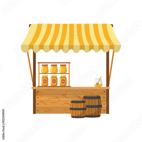 Traditional farmers market wooden food stall with honey jars. Flat vector illustration. Isolated on white background