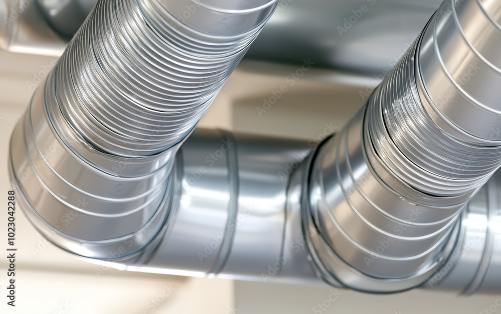 Stainless steel air ducts in a modern building, sleek and reflective piping, industrial HVAC system with precision engineering Stainless steel air ducts in a modern building, sleek and reflective piping, industrial HVAC system with precision engineering