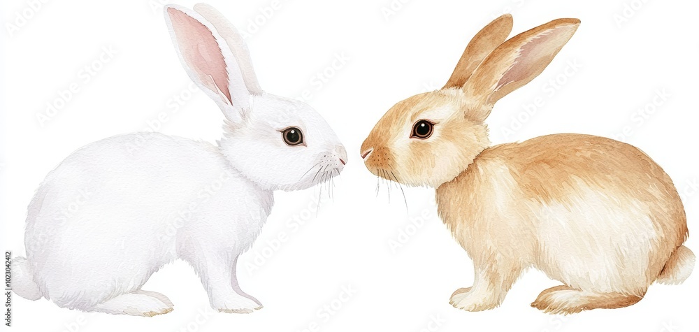 Two cute rabbits, one white and one brown, nuzzling on a white isolated background. Two cute rabbits, one white and one brown, nuzzling on a white isolated background.