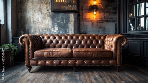 A vintage leather chesterfield sofa in a rustic setting, with wooden floors and warm lighting