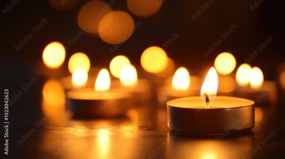 Several lit tealight candles creating warm, glowing ambiance in dark Several lit tealight candles creating warm, glowing ambiance in dark