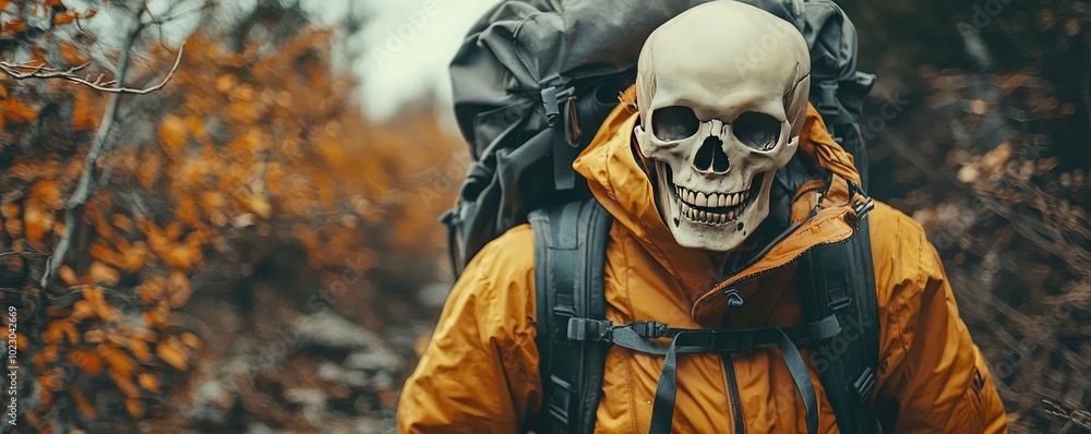 A skeleton hiker in a vibrant jacket explores a misty autumn landscape, blending adventure with a touch of the macabre. A skeleton hiker in a vibrant jacket explores a misty autumn landscape, blending adventure with a touch of the macabre.